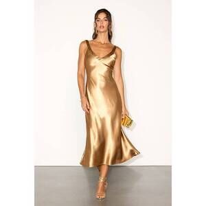 Lulus Perfectly Classy Gold Satin Strappy Midi Dress - Size S